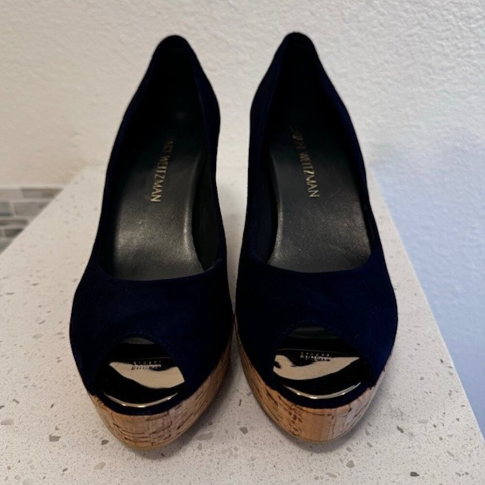 Stuart Weitzman Corkswoon navy and cork espadrille wedge heels